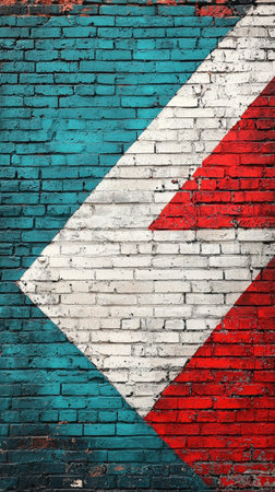 Vibrant geometric mural on a brick wallの素材