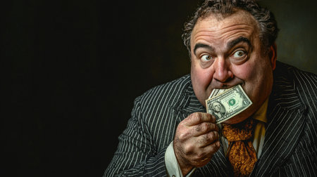 Greedy businessman biting dollar bill in dramatic portraitの素材
