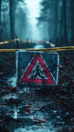 Weathered construction sign in foggy forest with caution tapeの素材