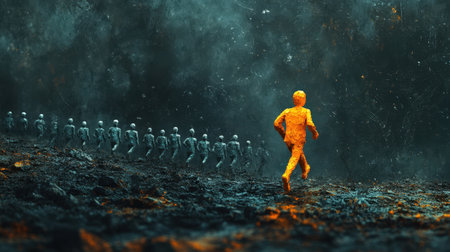 Lone orange figure running from grey crowd on rugged terrain, 3D renderの素材