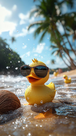 Rubber duck with sunglasses in tropical beach waterの素材