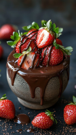 Fresh strawberries drizzled with chocolate in rustic bowlの素材