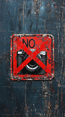 Grunge "No Photography" Sign on Weathered Metal Surfaceの素材