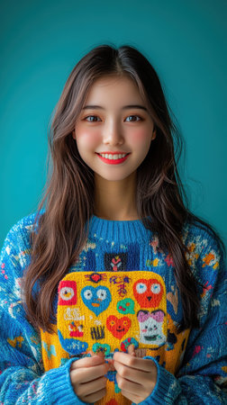 Smiling woman in colorful sweater with cheerful designsの素材
