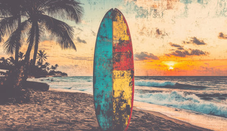 Worn surfboard on beach with sunset and vintage styleの素材