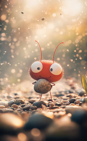 Cute red fuzzy cartoon ant holding a rock on pebblesの素材