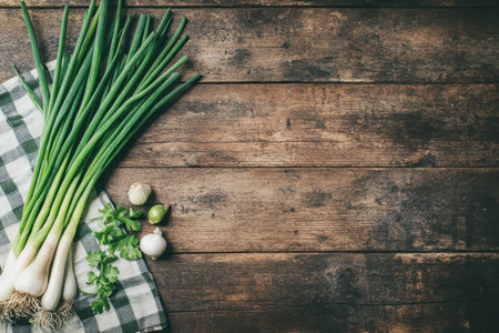 Fresh green onions with garlic and cilantro on a checkered towelの素材