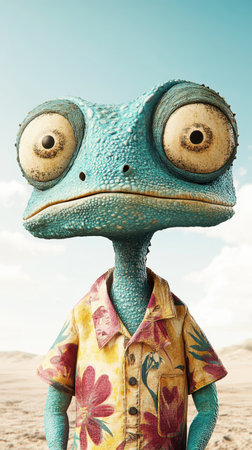 Chameleon with a colorful Hawaiian shirt in the desertの素材