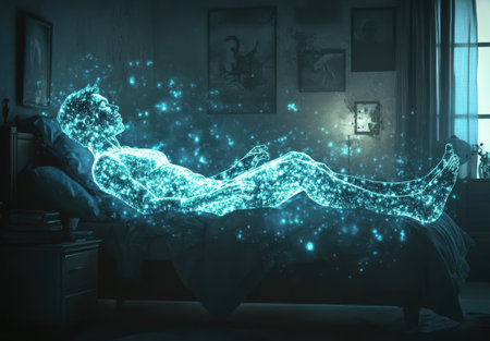 Glowing figure floating above bed, dreamlike digital artの素材