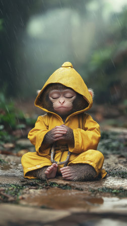 Cute monkey in yellow robe meditating outdoors during rainの素材