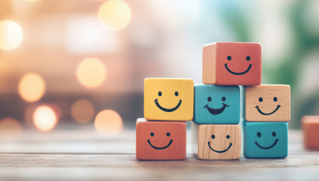 Happy wooden blocks with smiley faces arranged on a wooden surfaceの素材