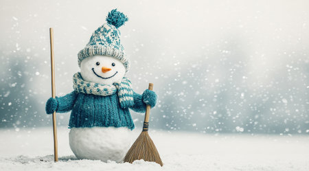 Snowman in winter attire with broom in snowy landscapeの素材
