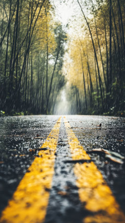Wet road with yellow lane markers surrounded by autumn treesの素材
