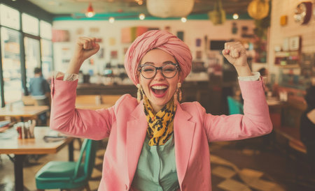 Happy woman in pink blazer and headscarf celebrating in a cafeの素材
