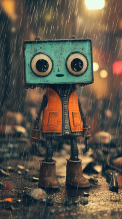 Robot character with large eyes standing in the rainの素材