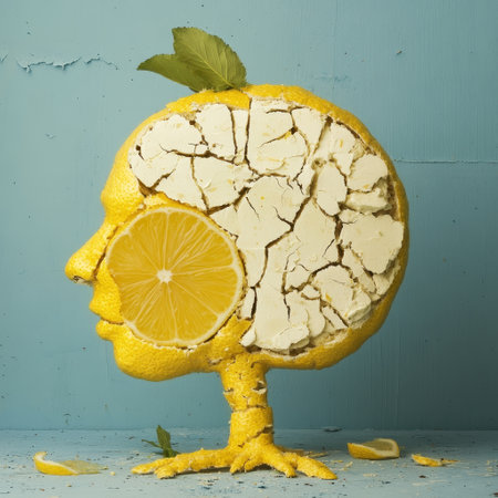 Cracked lemon head sculpture with nature elementsの素材