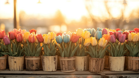 Beautiful tulips in pots in a warm light settingの素材