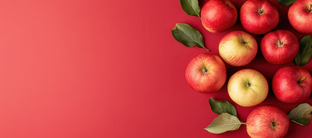 Red apples with green leaves on red backgroundの素材