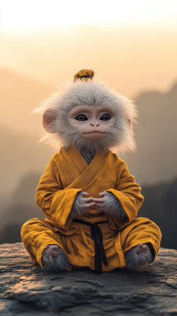 Young monk monkey in meditation on a rockの素材