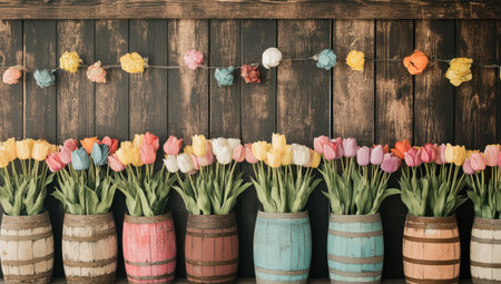Spring tulips in colorful barrels on rustic wooden backgroundの素材