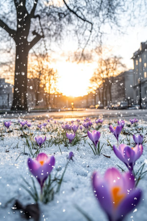 Crocus flowers blooming in winter snow at sunsetの素材