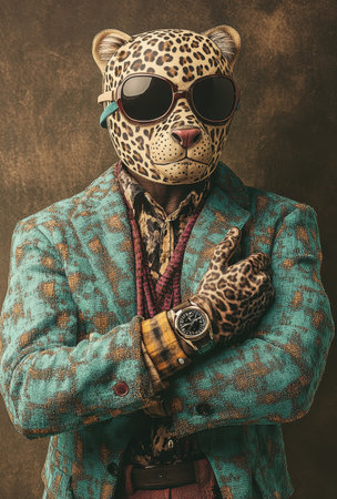 Leopard mask and turquoise jacket, fashionable man with watchの素材
