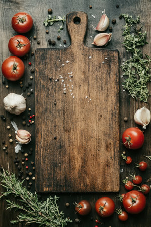 Wooden cutting board with tomatoes and garlic, top viewの素材