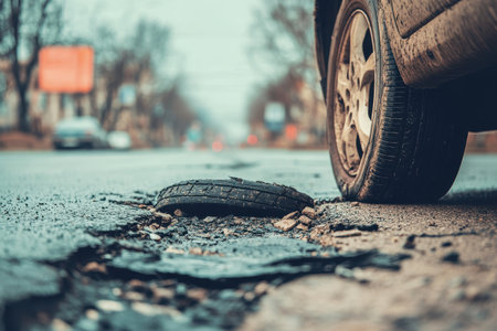 Flat tire on damaged road with visible cracks in the streetの素材