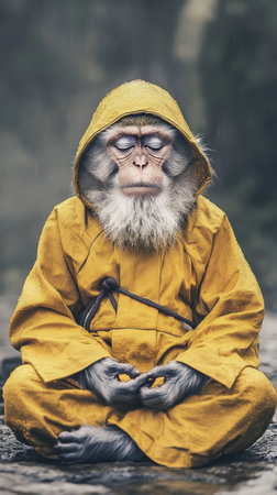 Monkey meditating in yellow hooded robe, peaceful expressionの素材