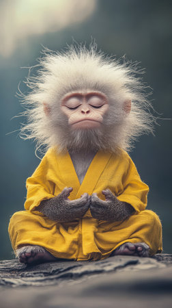 Monkey in Yellow Martial Arts Kimono Meditatingの素材