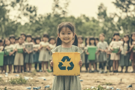 Young Girl Holding Recycling Box Outdoors with Childrenの素材