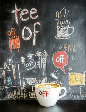 Coffee cup with latte art on blackboard background with doodlesの素材