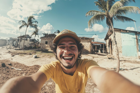 Young man smiling for selfie in tropical settingの素材