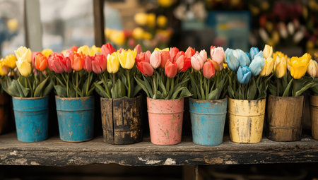 Colorful tulips arranged in rustic pots in sunlightの素材
