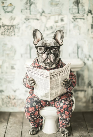 French Bulldog Wearing Glasses and Pajamas in Bathroomの素材