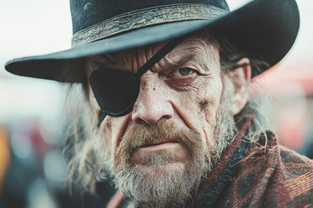 Close-up of a weathered man with an eye patchの素材