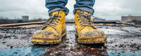 Close-up of Dirty Yellow Boots on Roofの素材