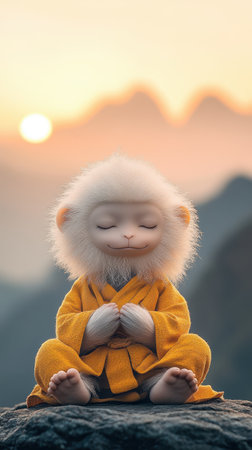 Cute monkey monk meditating at sunsetの素材