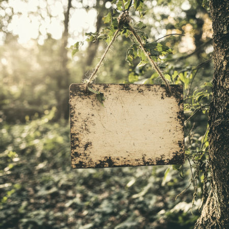 Weathered wooden sign hanging on a tree in a lush forestの素材