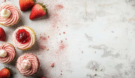 Decorated cupcakes with strawberry toppings and cream icingの素材