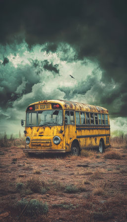 Rusted yellow school bus in a desolate landscape under stormy skyの素材