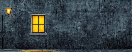 Window with yellow light illuminated on a dark city wallの素材