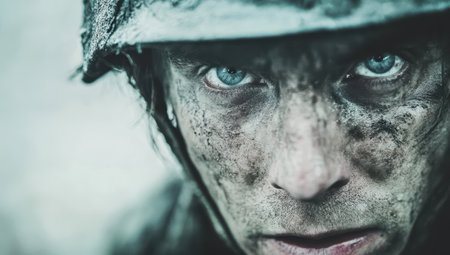 Soldier with Muddy Face and Intense Expression in War Zoneの素材