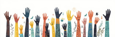 Hands with different patterns and happy expressionsの素材