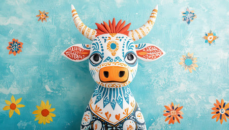 Cow Sculpture with Bright Colors and Decorative Patternsの素材