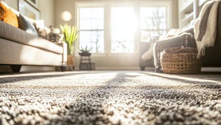 Bright sunny living room with spacious layout and cozy rugの素材