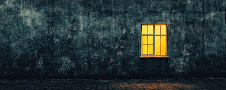 Single window with yellow light glowing on a dark wallの素材