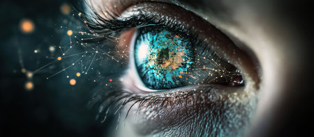 Close-up of human eye with digital effects and glowing dataの素材