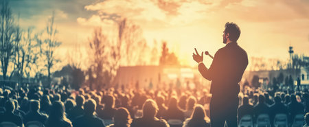 Speaker addressing audience at sunset with warm lightingの素材