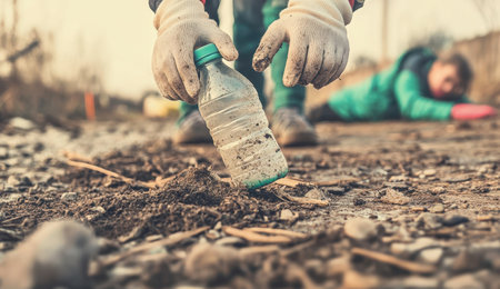 Volunteer Cleaning Plastic Bottle from Soil, Focused on Conservationの素材